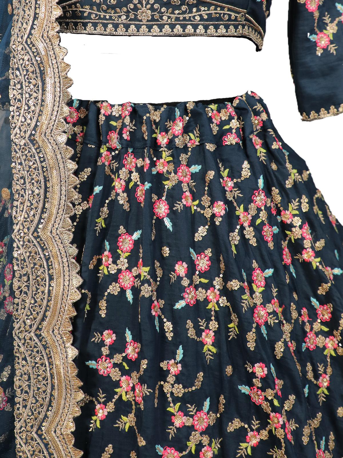 Odette Women Blue Floral Sassy Semi Stitched Lehenga With Unstitched Blouse