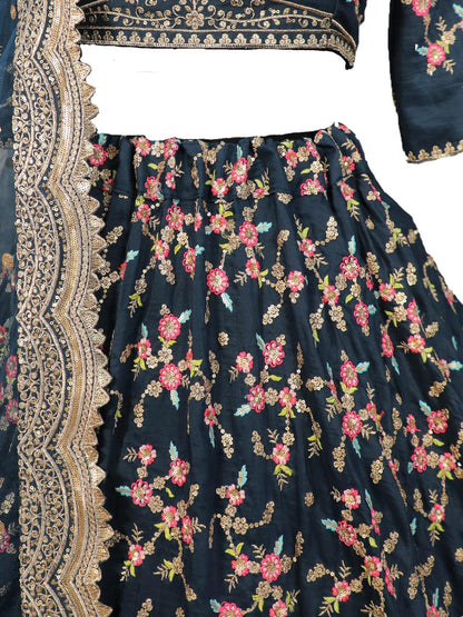 Odette Women Blue Floral Sassy Semi Stitched Lehenga With Unstitched Blouse