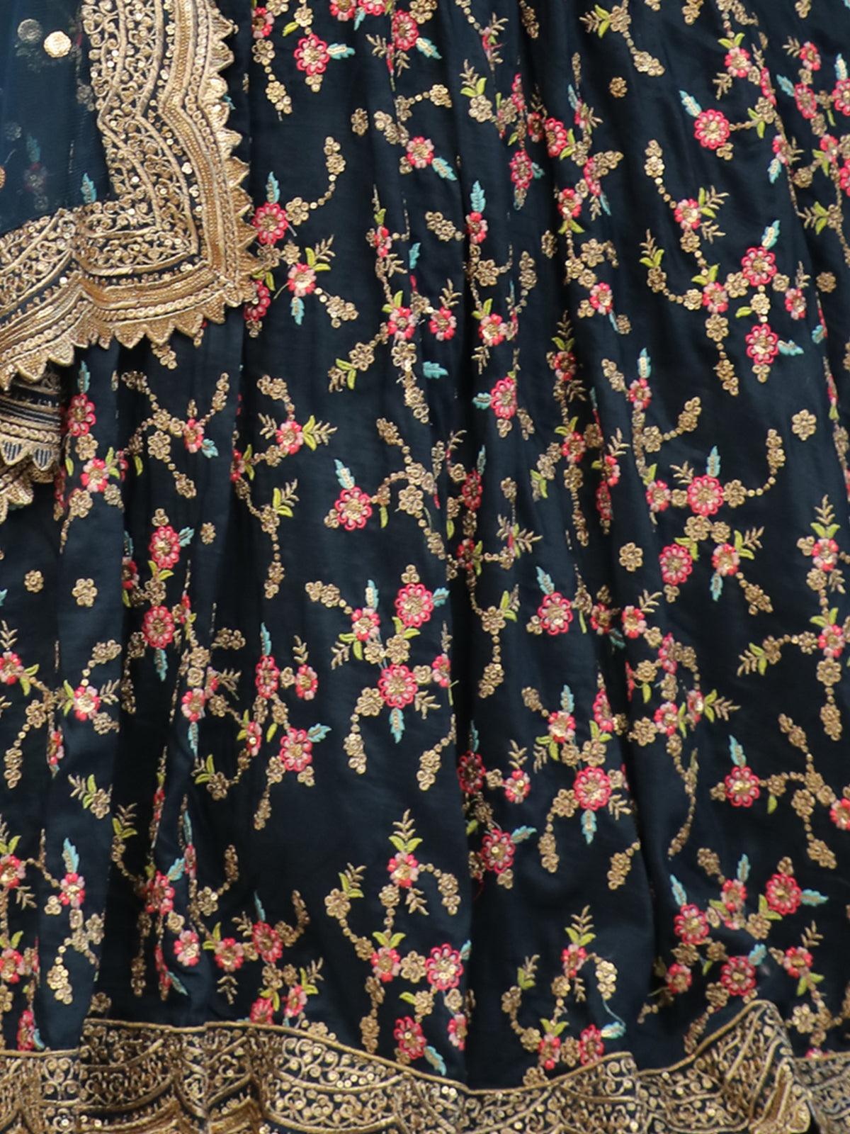 Odette Women Blue Floral Sassy Semi Stitched Lehenga With Unstitched Blouse