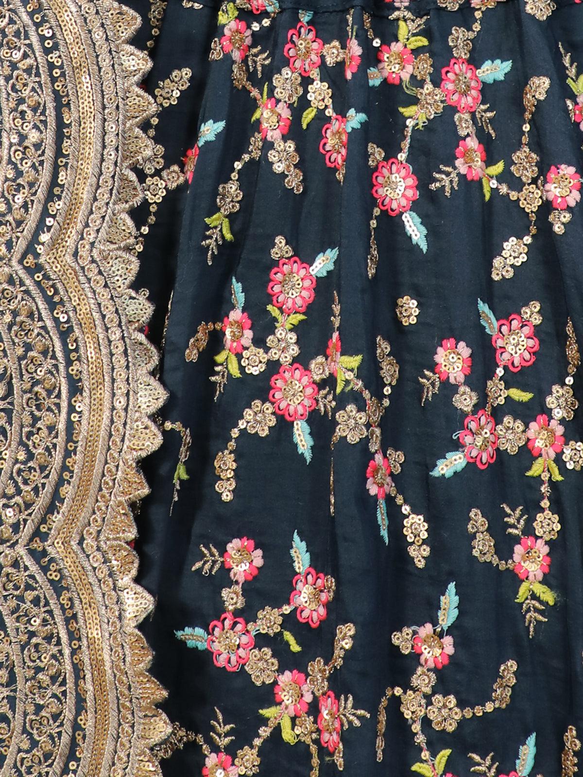 Odette Women Blue Floral Sassy Semi Stitched Lehenga With Unstitched Blouse