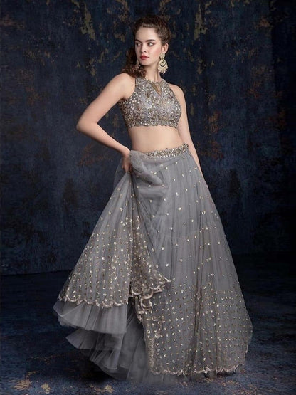 Odette Women Grey Designer Semi Stitched Lehenga With  Unstitched Blouse