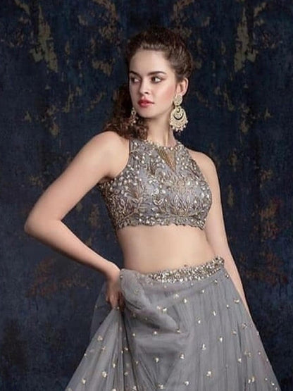Odette Women Grey Designer Semi Stitched Lehenga With  Unstitched Blouse