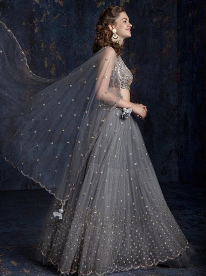 Odette Women Grey Designer Semi Stitched Lehenga With  Unstitched Blouse