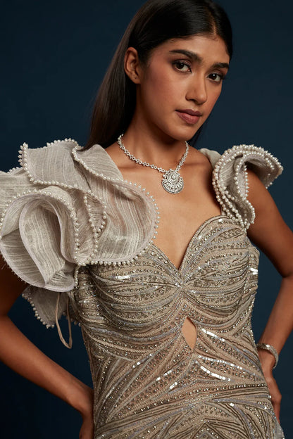 rey Raw Silk Cocktail Gown with Sequins Work and Sweet Heart Neck-GG1161