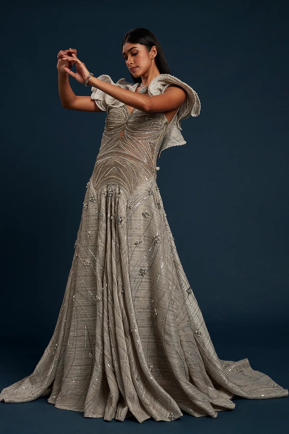 rey Raw Silk Cocktail Gown with Sequins Work and Sweet Heart Neck-GG1161