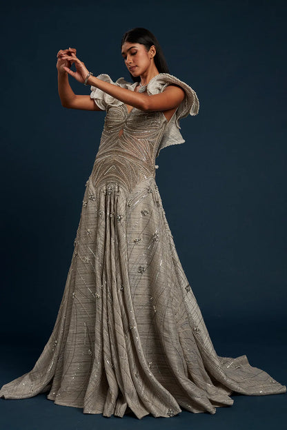 rey Raw Silk Cocktail Gown with Sequins Work and Sweet Heart Neck-GG1161