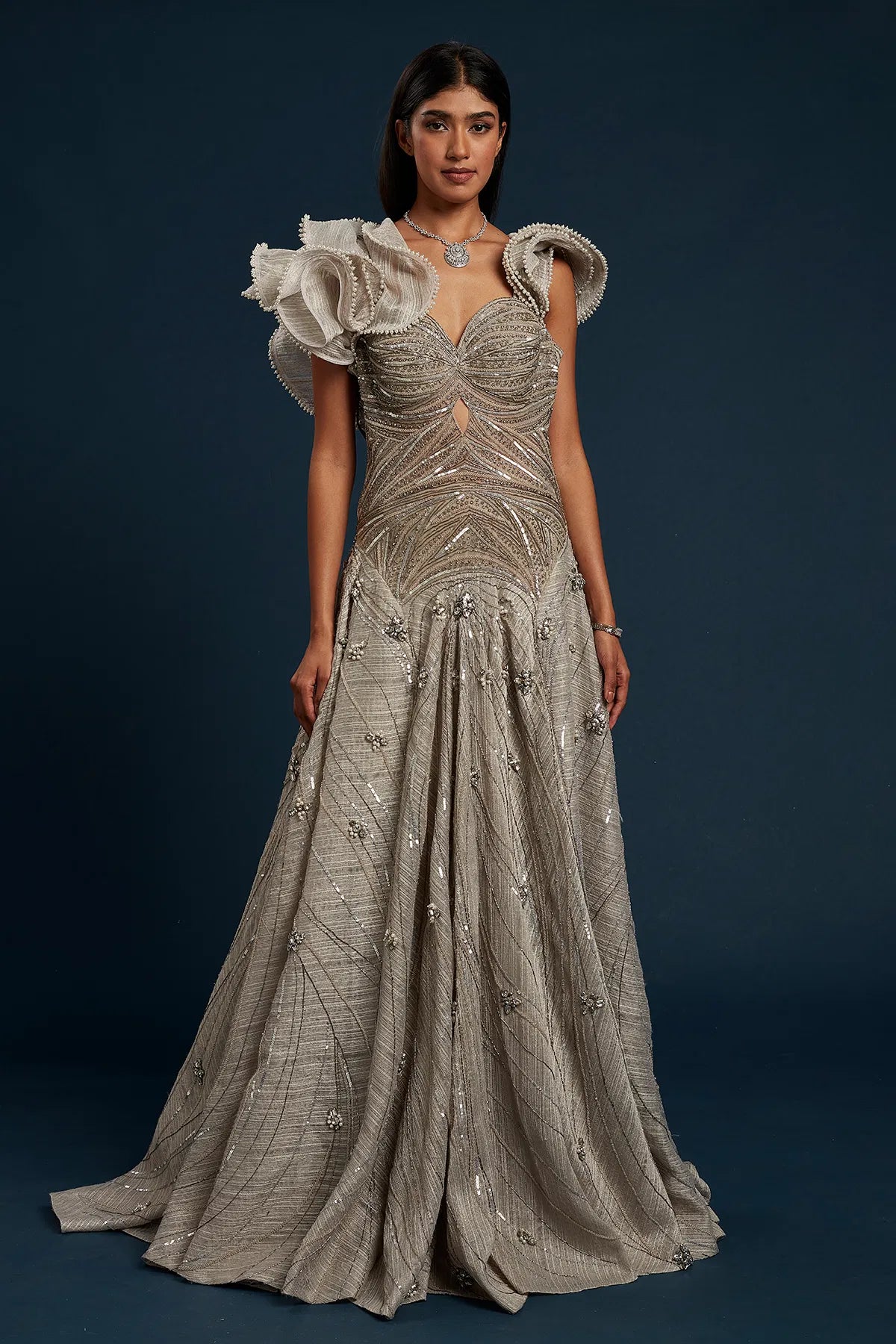 rey Raw Silk Cocktail Gown with Sequins Work and Sweet Heart Neck-GG1161