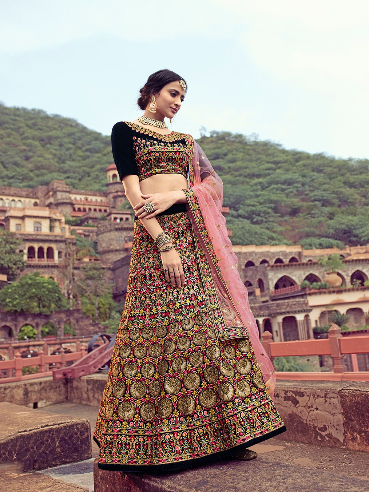 Odette Women Navy Blue Thread With Mutli Sequins Work Semi Stitched Lehenga With Unstitched Blouse