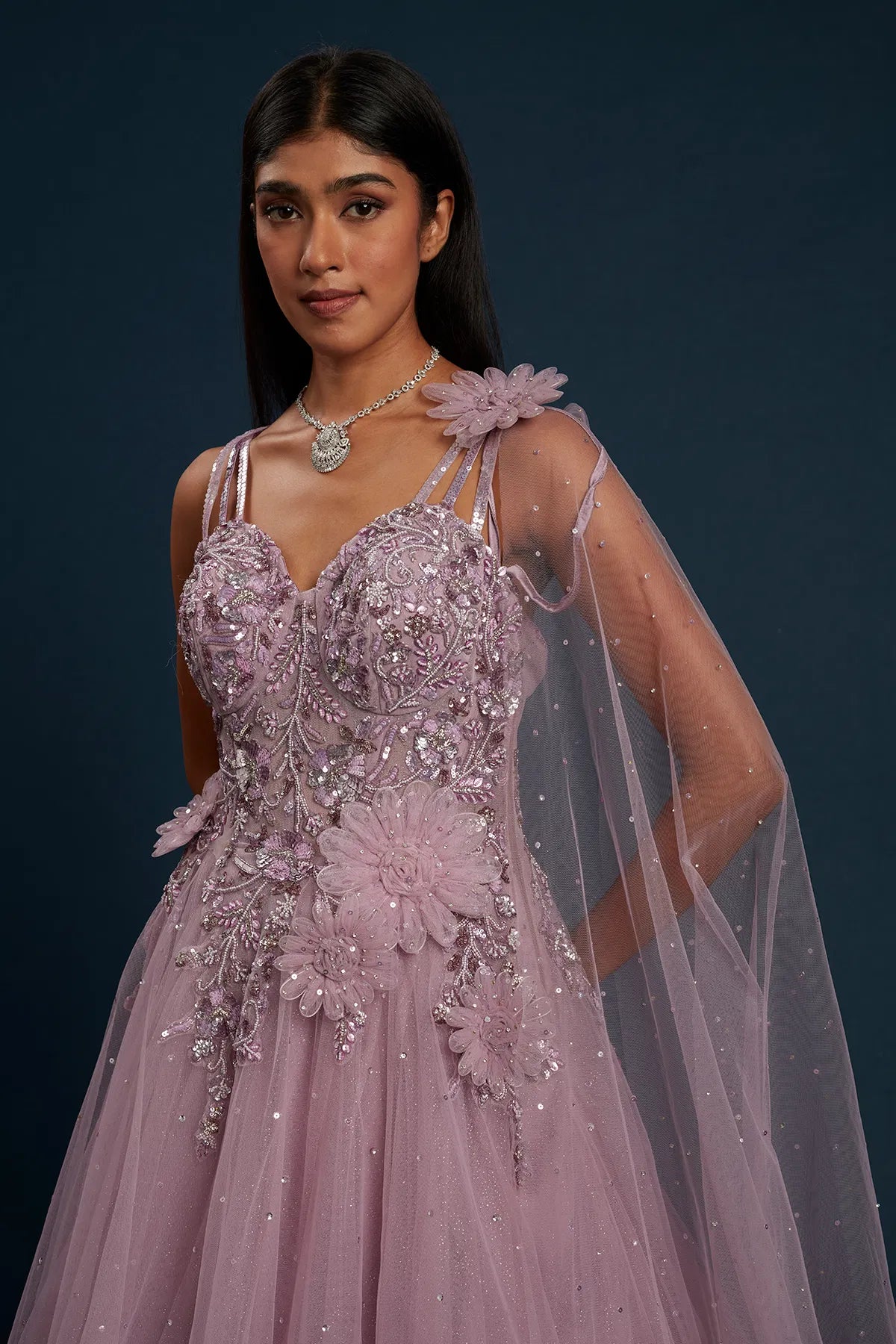 Lavender Net Cocktail Gown with Bead Work and Sweet Heart Neck-GG1357