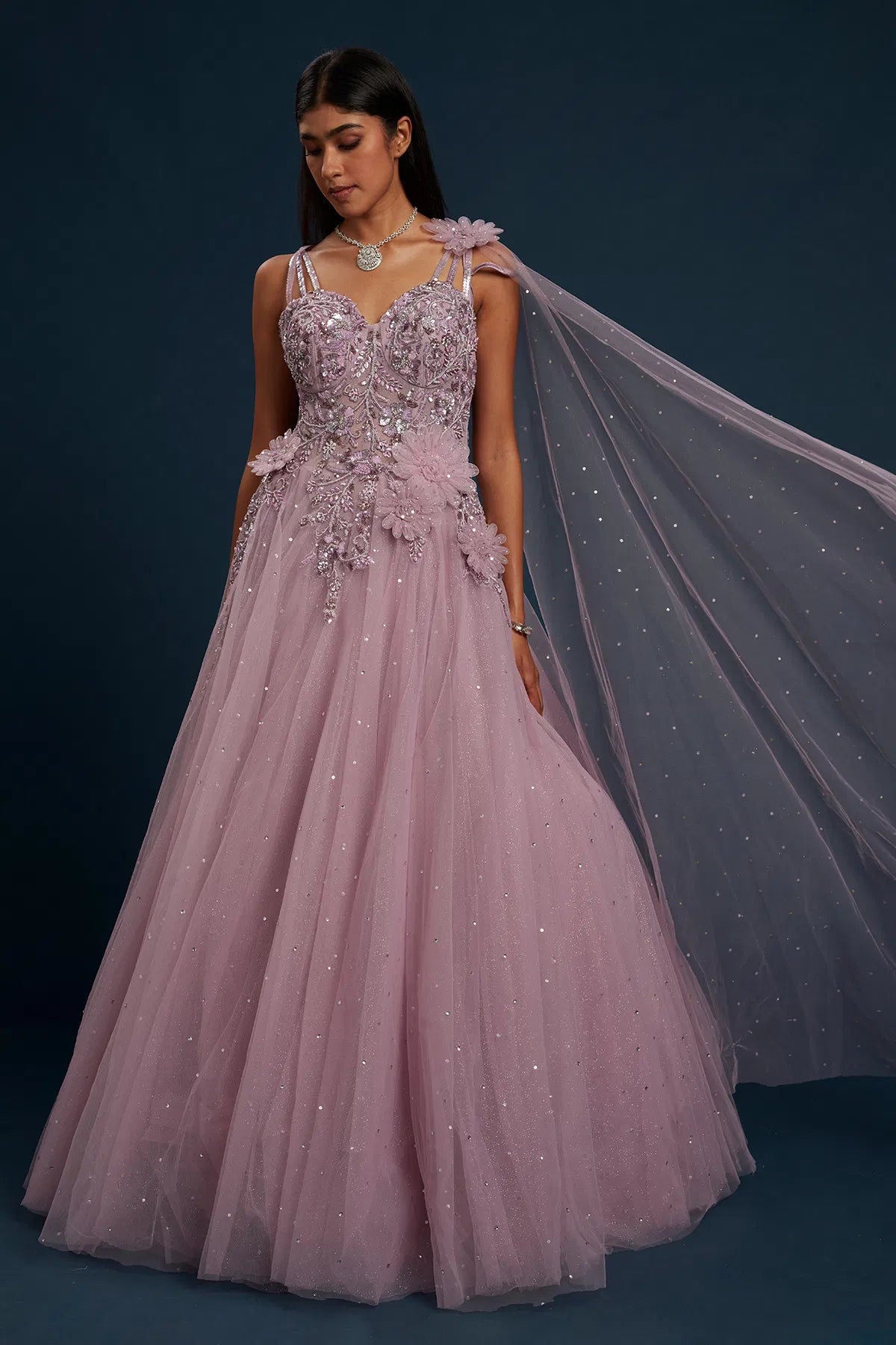 Lavender Net Cocktail Gown with Bead Work and Sweet Heart Neck-GG1357