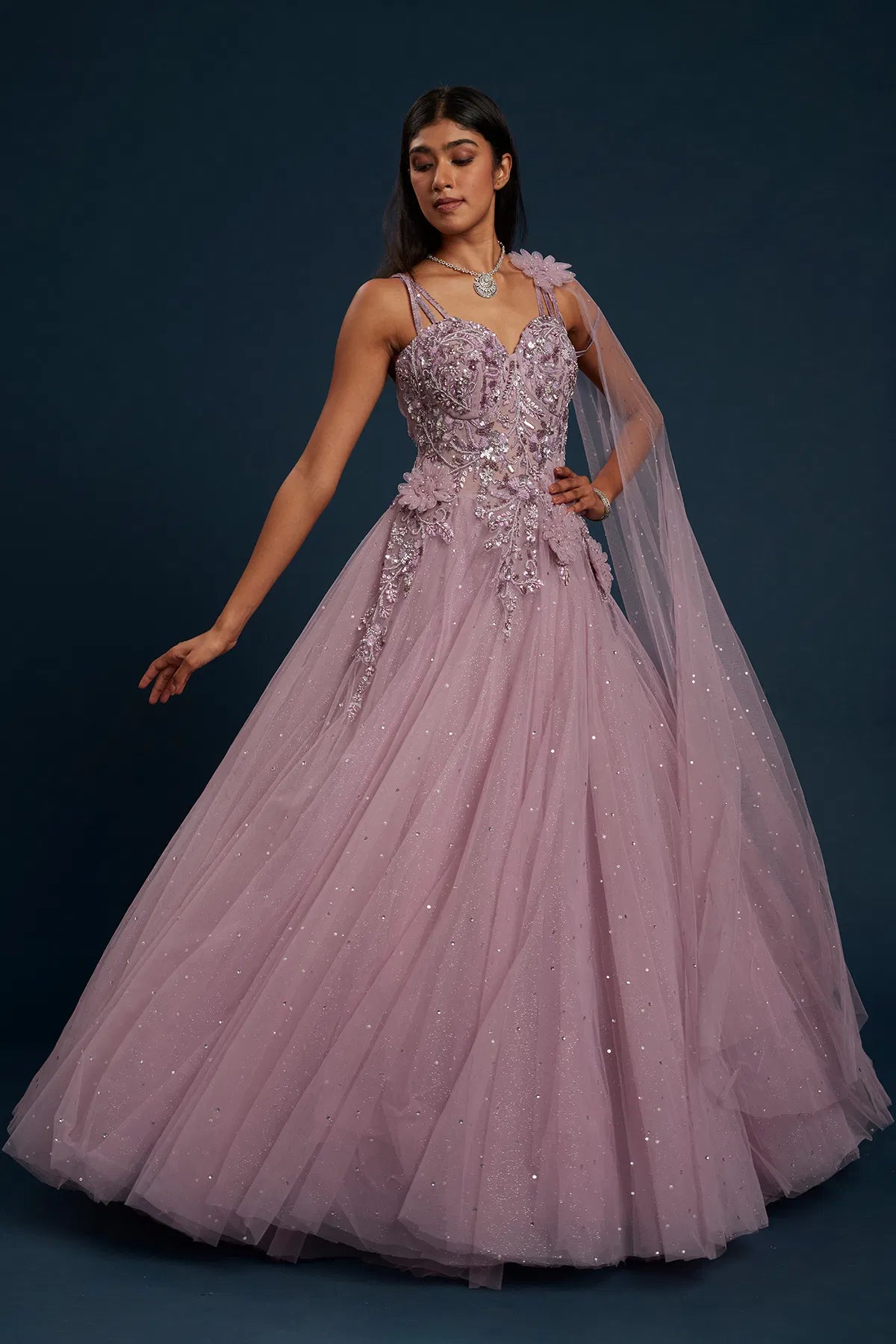 Lavender Net Cocktail Gown with Bead Work and Sweet Heart Neck-GG1357