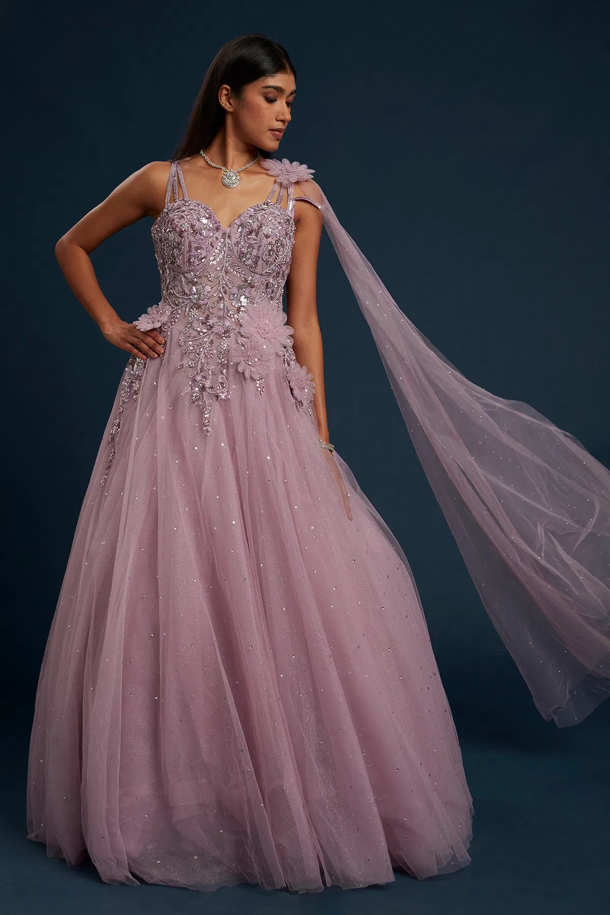 Lavender Net Cocktail Gown with Bead Work and Sweet Heart Neck-GG1357