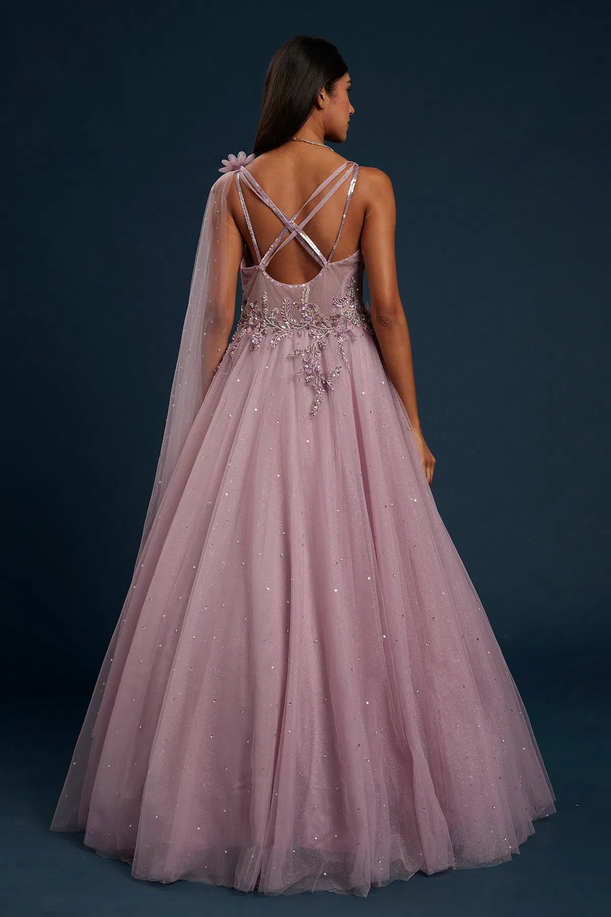 Lavender Net Cocktail Gown with Bead Work and Sweet Heart Neck-GG1357
