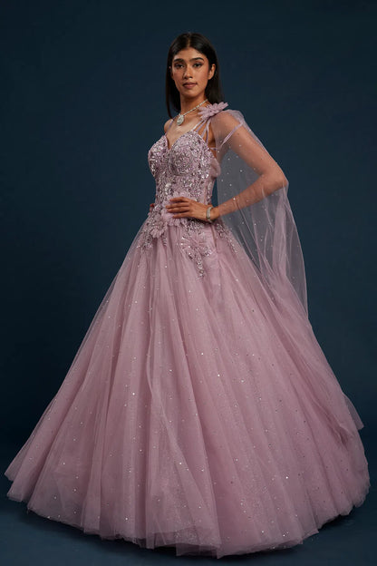 Lavender Net Cocktail Gown with Bead Work and Sweet Heart Neck-GG1357