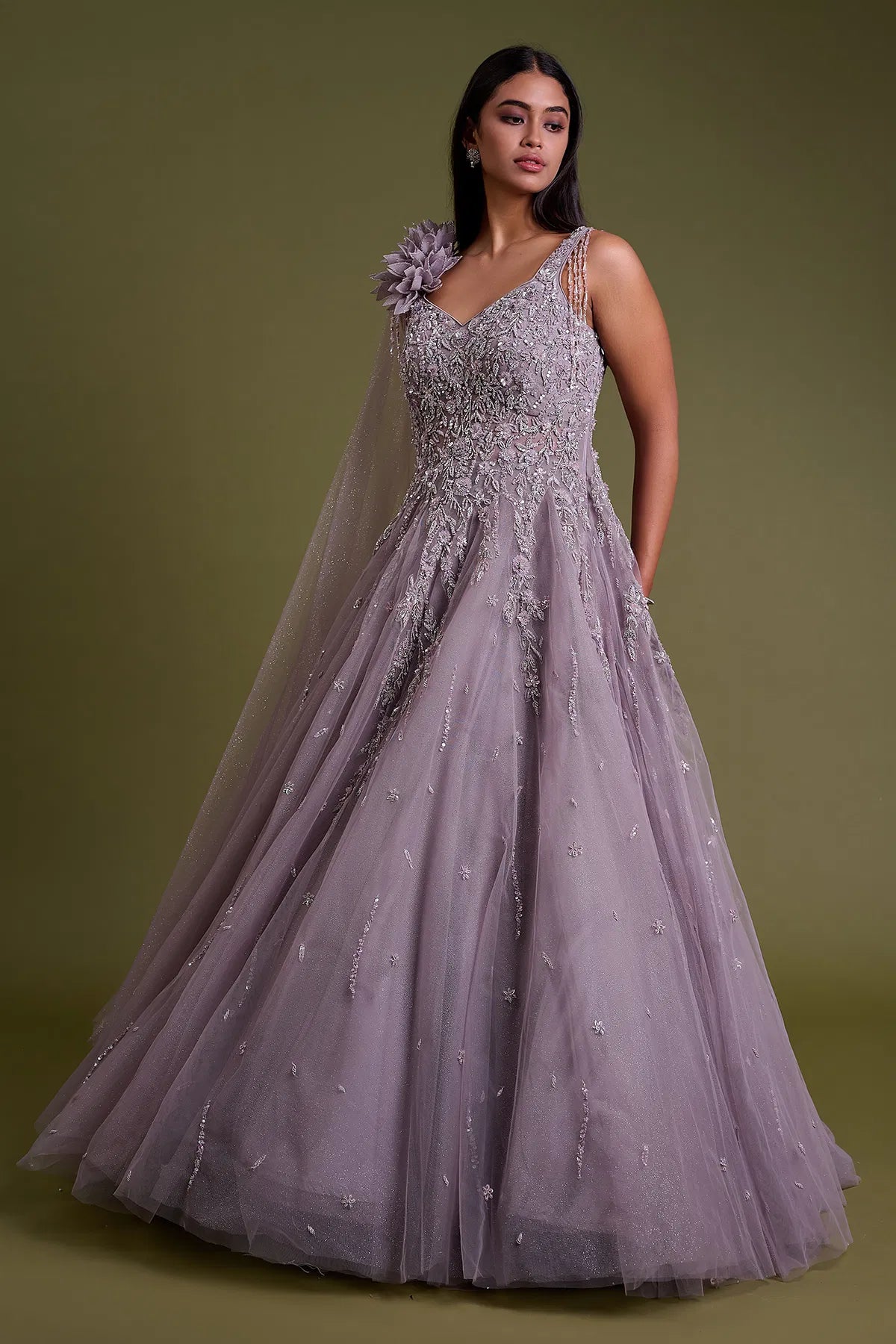Lavender Net Evening Gown with Sequins Embroidery-GG1755