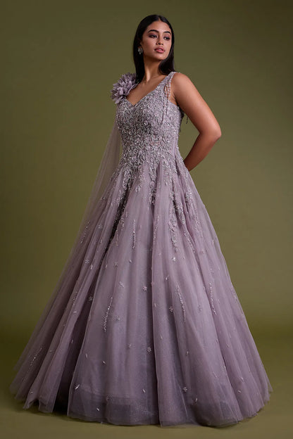 Lavender Net Evening Gown with Sequins Embroidery-GG1755