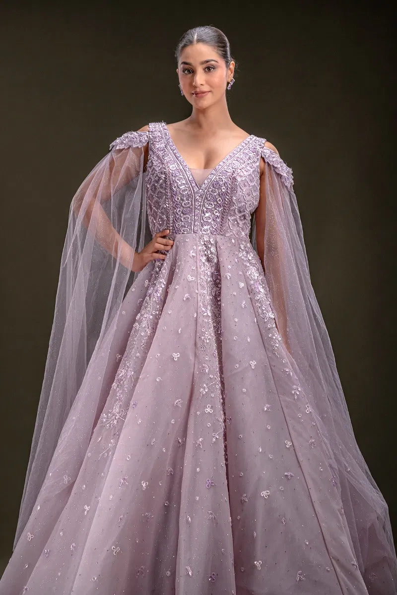 Lavender Sequins Embroidered Net Ball Gown with Cold Shoulder Sleeve-JD3298