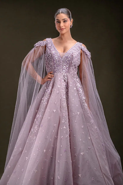 Lavender Sequins Embroidered Net Ball Gown with Cold Shoulder Sleeve-JD3298