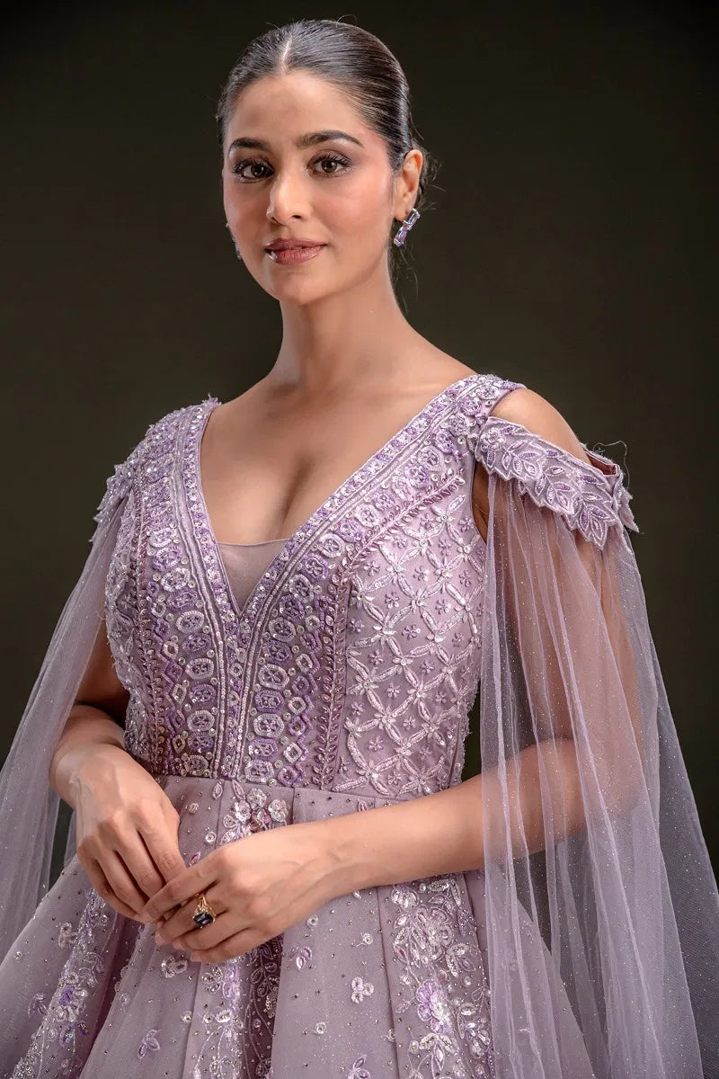 Lavender Sequins Embroidered Net Ball Gown with Cold Shoulder Sleeve-JD3298