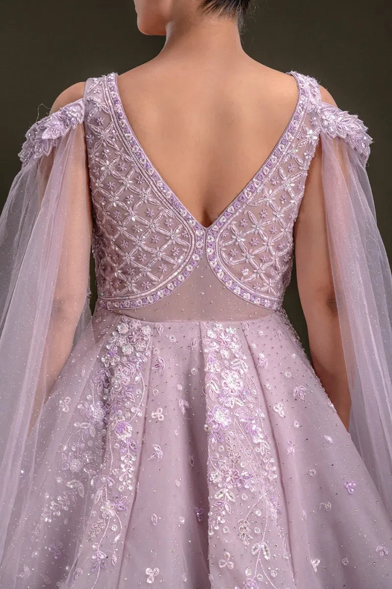Lavender Sequins Embroidered Net Ball Gown with Cold Shoulder Sleeve-JD3298
