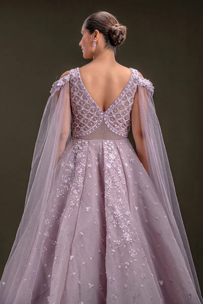 Lavender Sequins Embroidered Net Ball Gown with Cold Shoulder Sleeve-JD3298