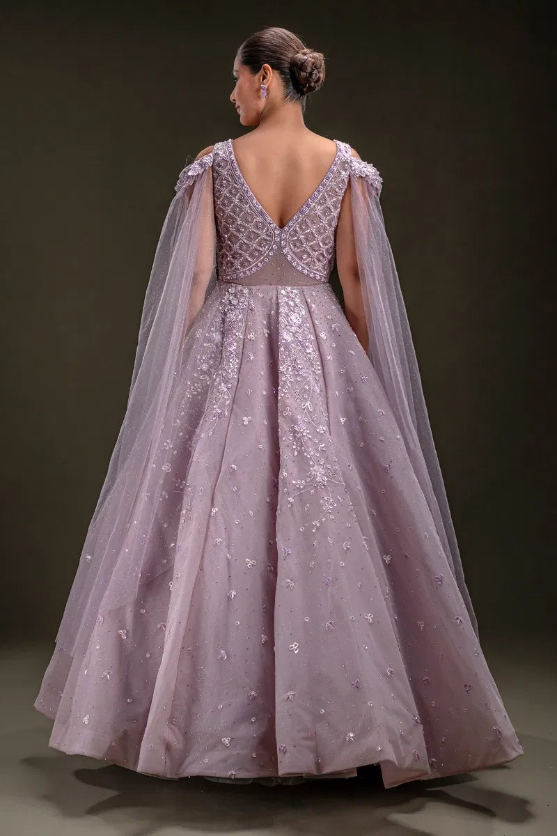 Lavender Sequins Embroidered Net Ball Gown with Cold Shoulder Sleeve-JD3298