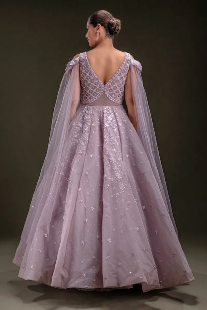 Lavender Sequins Embroidered Net Ball Gown with Cold Shoulder Sleeve-JD3298