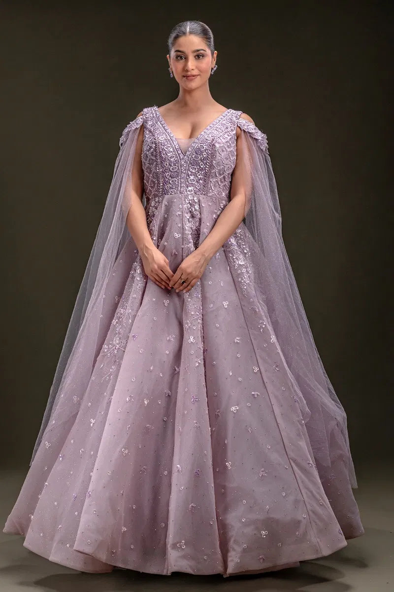 Lavender Sequins Embroidered Net Ball Gown with Cold Shoulder Sleeve-JD3298