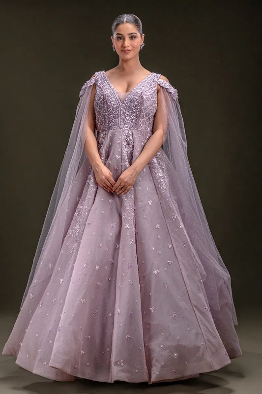 Lavender Sequins Embroidered Net Ball Gown with Cold Shoulder Sleeve-JD3298