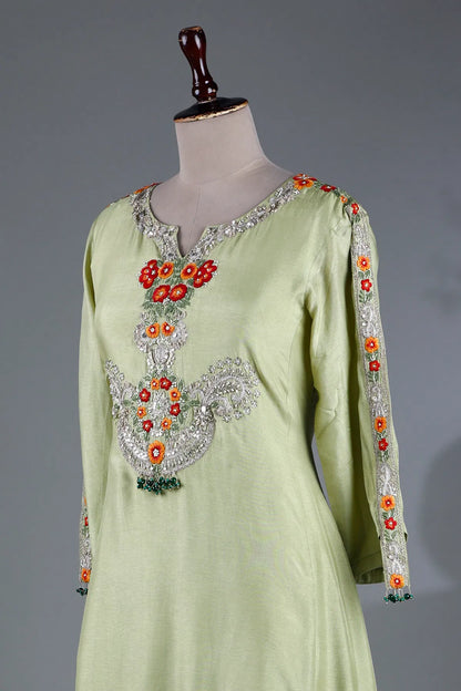 Light Green Resham Embroidered Flared Style Kurti-JE2360