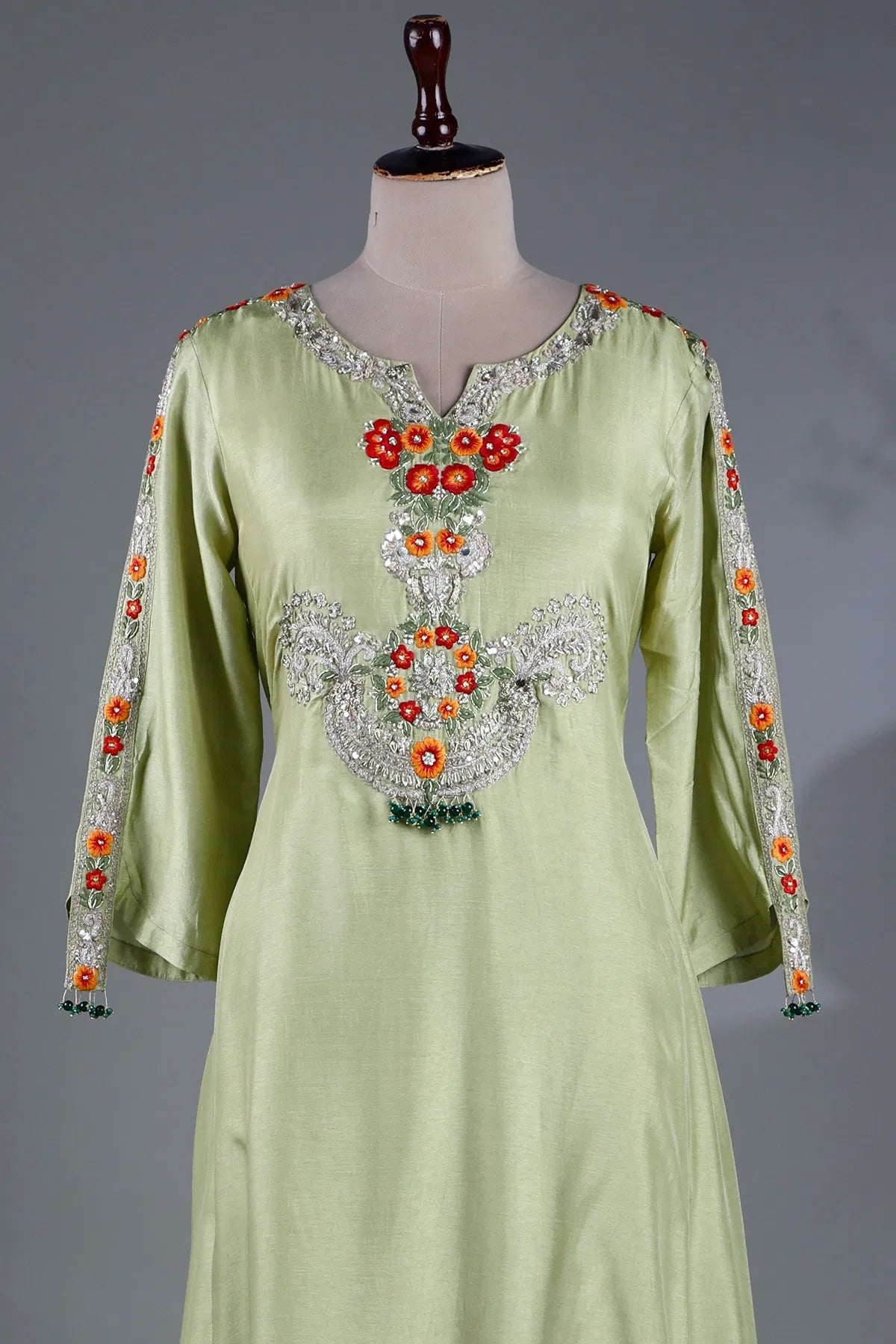 Light Green Resham Embroidered Flared Style Kurti-JE2360