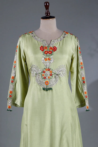 Light Green Resham Embroidered Flared Style Kurti-JE2360