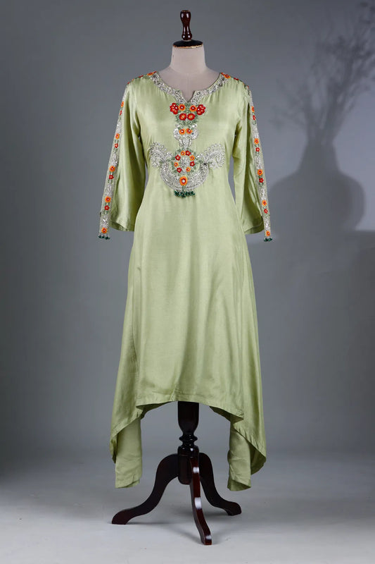 Light Green Resham Embroidered Flared Style Kurti-JE2360