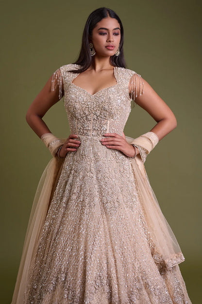 Light Peach Net Bridal Gown with Sequins Embroidery-GG1930
