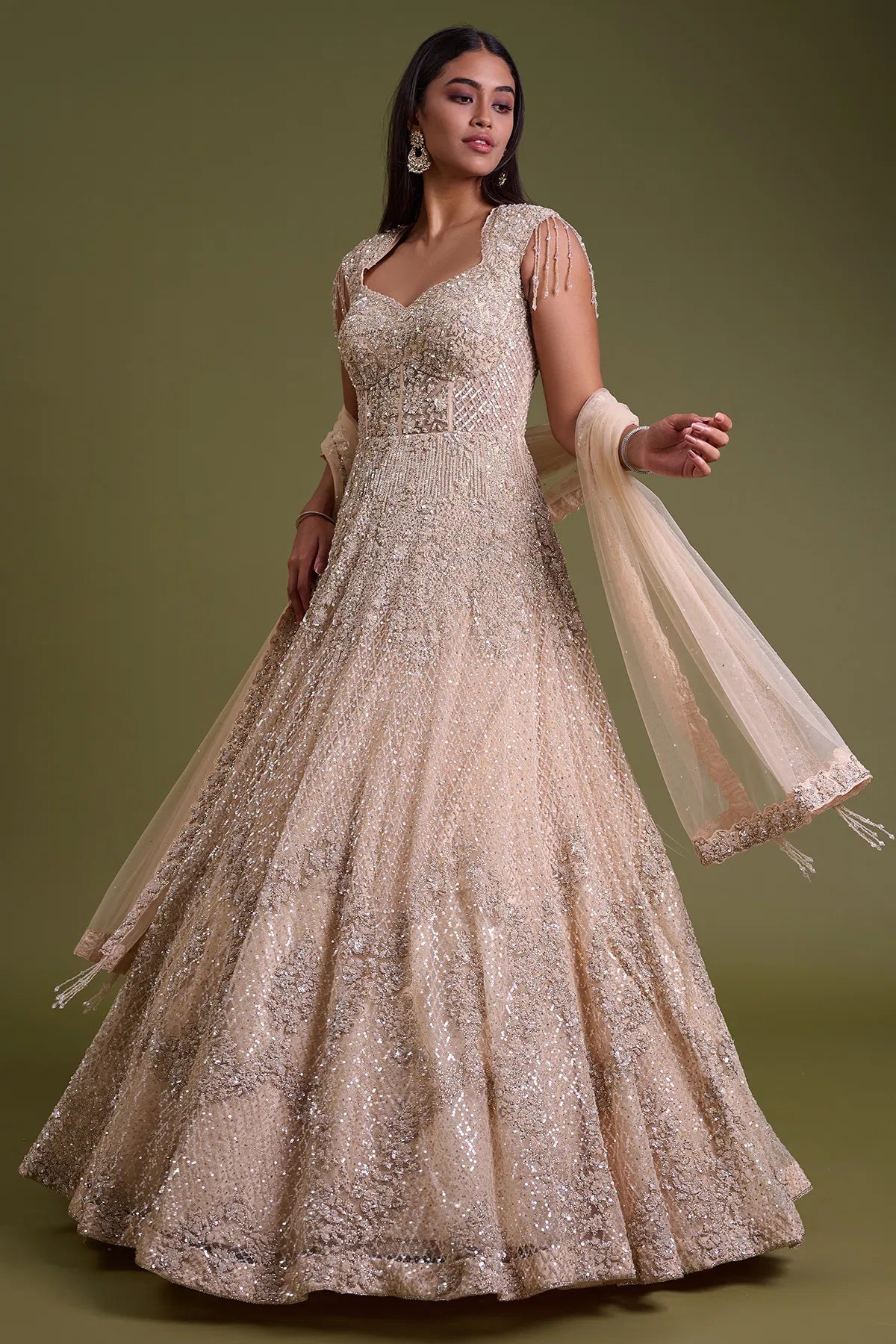 Light Peach Net Bridal Gown with Sequins Embroidery-GG1930