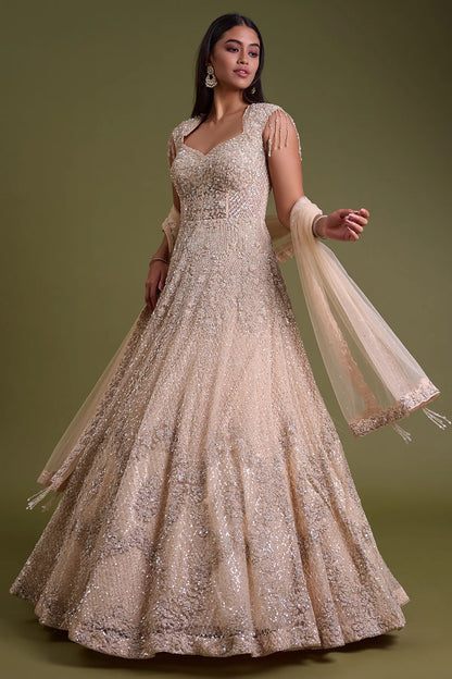 Light Peach Net Bridal Gown with Sequins Embroidery-GG1930