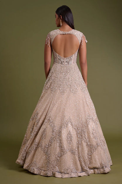 Light Peach Net Bridal Gown with Sequins Embroidery-GG1930