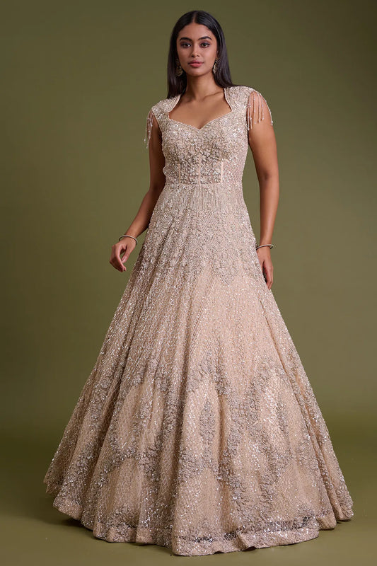 Light Peach Net Bridal Gown with Sequins Embroidery-GG1930