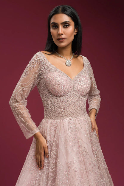 Light Pink Sequins Embroidered Net Bridal Gown with Leaf Neck-GF4468