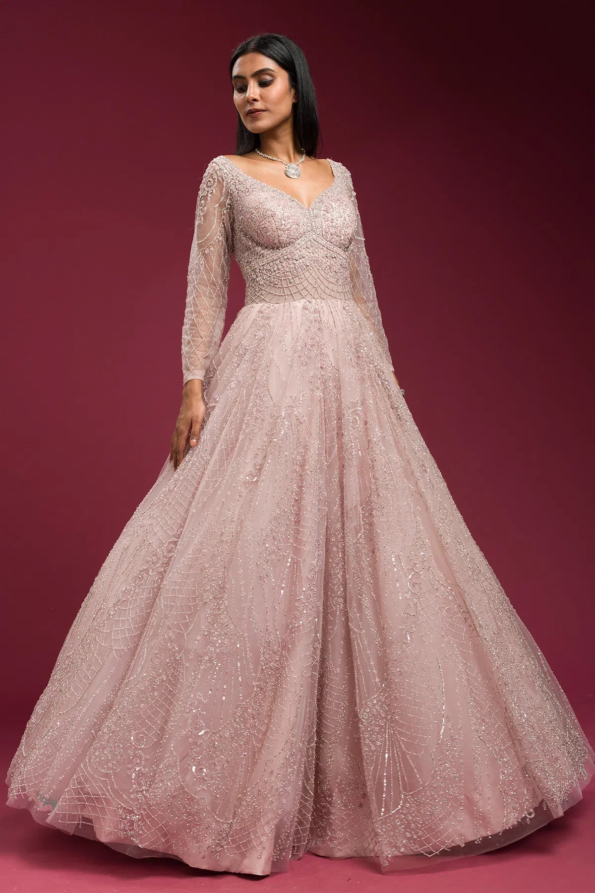 Light Pink Sequins Embroidered Net Bridal Gown with Leaf Neck-GF4468