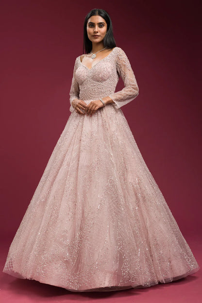 Light Pink Sequins Embroidered Net Bridal Gown with Leaf Neck-GF4468