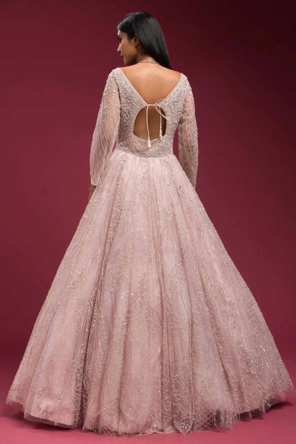 Light Pink Sequins Embroidered Net Bridal Gown with Leaf Neck-GF4468