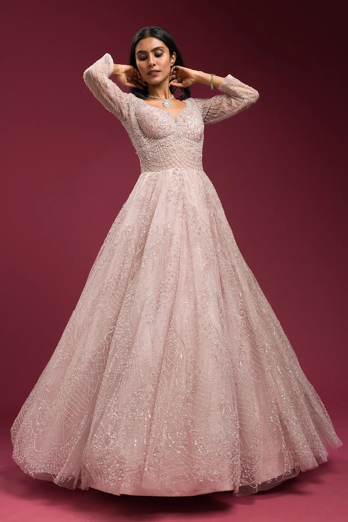 Light Pink Sequins Embroidered Net Bridal Gown with Leaf Neck-GF4468