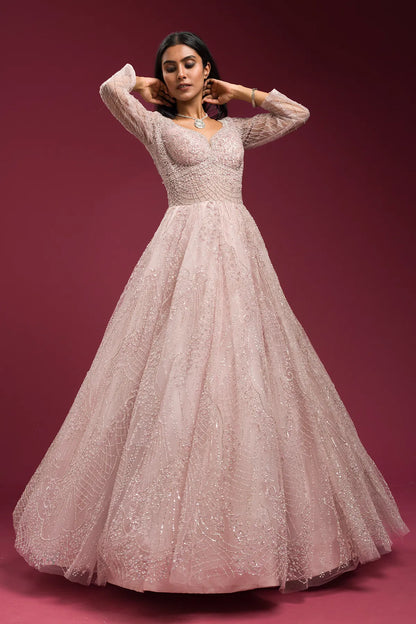 Light Pink Sequins Embroidered Net Bridal Gown with Leaf Neck-GF4468