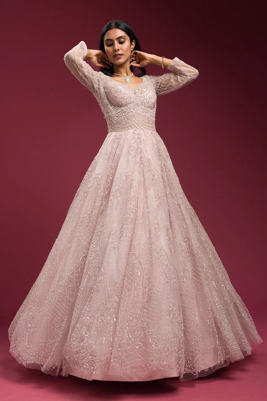Light Pink Sequins Embroidered Net Bridal Gown with Leaf Neck-GF4468