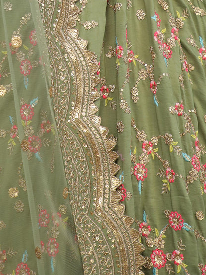 Odette Women Light Green Floral Semi Stitched Lehenga With Unstitched Blouse