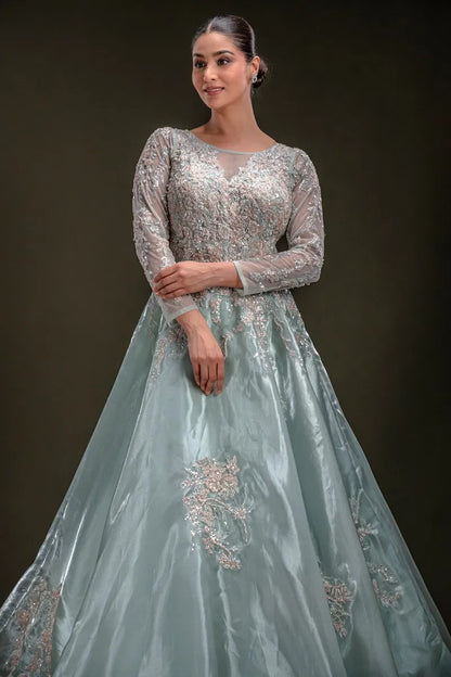 Mint Green Sequins Embroidered Tissue Evening Gown with Round Neck-JE2339