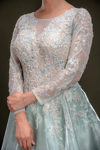 Mint Green Sequins Embroidered Tissue Evening Gown with Round Neck-JE2339