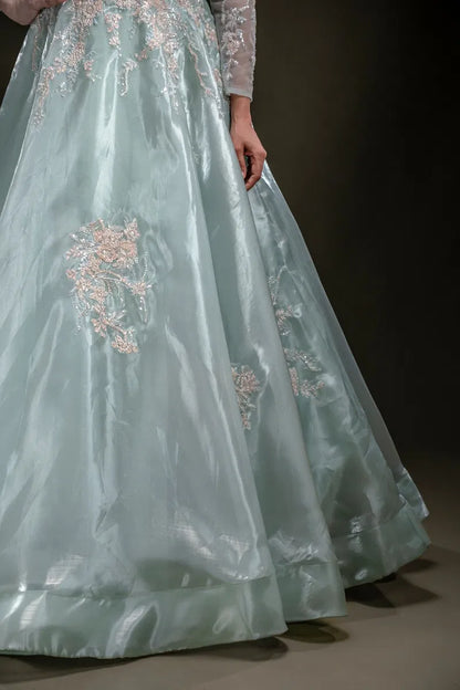 Mint Green Sequins Embroidered Tissue Evening Gown with Round Neck-JE2339