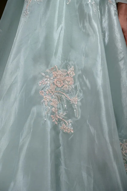 Mint Green Sequins Embroidered Tissue Evening Gown with Round Neck-JE2339